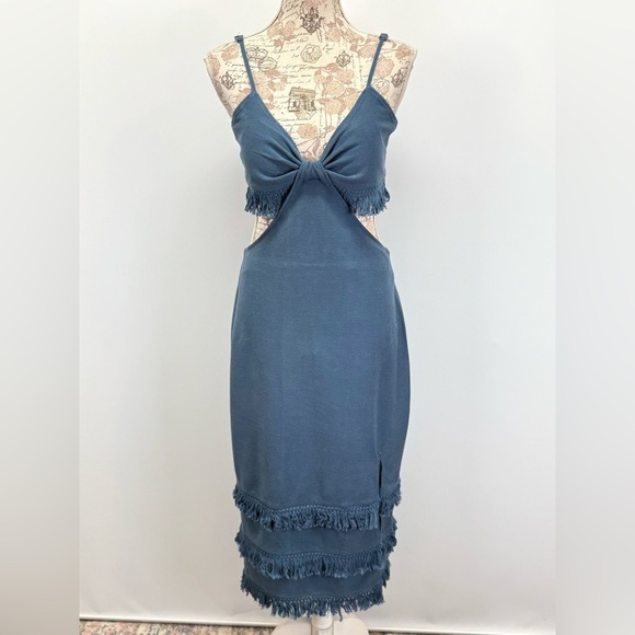 BONHEUR  D'AMOUR Blue spaghetti strap fringe open waist midi dress size L - Picture 2 of 14